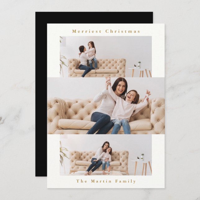 Cartão De Festividades Colagem Branca e Preta Moderna com Três Fotos (Frente/Verso)