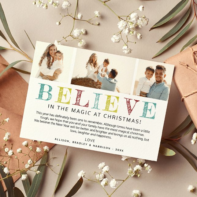 Cartão De Festividades Colagem Contemporânea de Fotos de Natal 'BELIEVE' (Criador carregado)