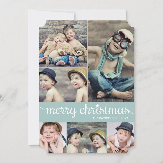 Cartão De Festividades Colagem Cursiva de Fotos de Natal Feliz (Frente)