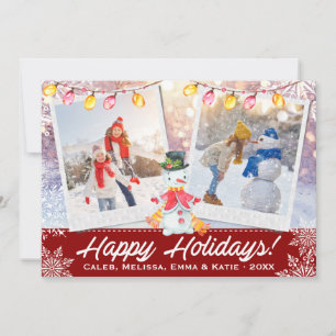 Cartão De Festividades Colagem de 2 Fotos Feliz Holidays Snowman Vermel