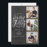 Cartão De Festividades Colagem de 3 Fotos Holly Jolly Chalkboard<br><div class="desc">Um elegante projeto de colagem de 3 fotos com tema natalino Holly Jolly para você personalizar com suas fotos favoritas em molduras douradas,  mensagem,  nomes e ano em um fundo de quadro-negro. O verso apresenta flocos de neve caindo em um fundo de quadro-negro correspondente. Criado por Thisisnotme©</div>