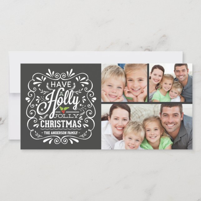 Cartão De Festividades Colagem de 3 Fotos Holly Jolly Christmas Chalkboar (Frente)