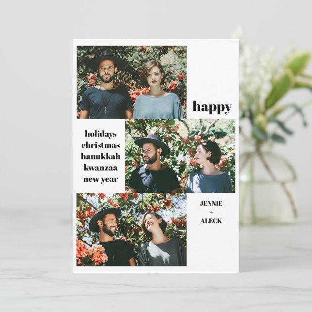 Cartão De Festividades Colagem de 3 Fotos Moderna Preto e Branco Natal (Em pé/Frente)