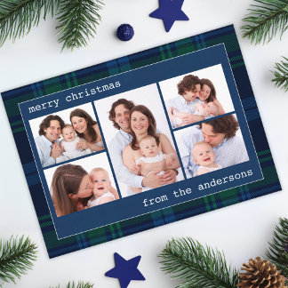 Cartão De Festividades Colagem de 5 Fotos Natal Família Xadrez Azul