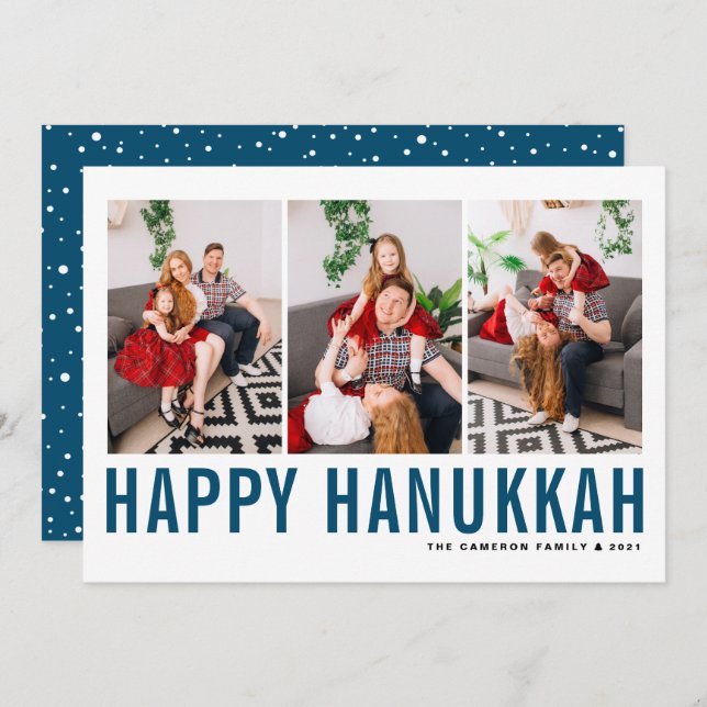 Cartão De Festividades Colagem de Fotografia Azul Típica Feliz Hanukkah (Frente/Verso)