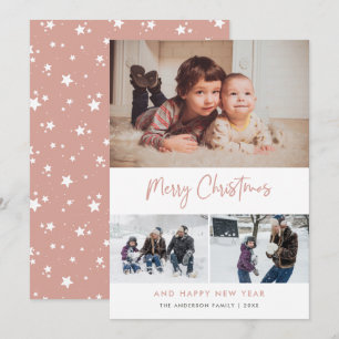 Cartão De Festividades Colagem de Fotografias de Scripts Rosa Stars Natal