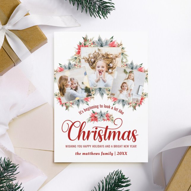Cartão De Festividades Colagem de Fotografias do Farmhouse Poinsettia Red (Criador carregado)