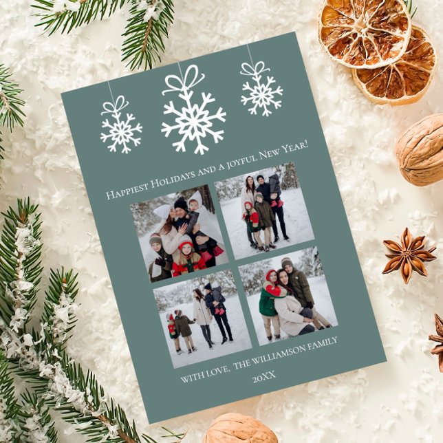 Cartão De Festividades Colagem de Fotografias do Teal Snowflake (Teal Snowflake Ornaments Photo Collage Holiday Card)