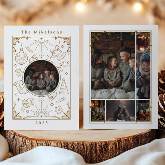 Cartão De Festividades Colagem de Fotografias Natal Elegante Dourado Line (Criador carregado)