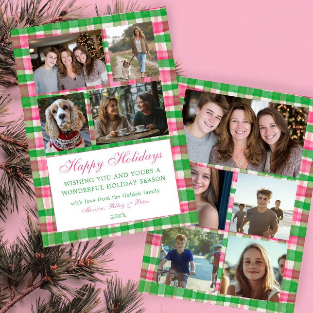 Cartão De Festividades Colagem de Fotografias Personalizada 9 na Xadrez C (Chic Watercolor Plaid Christmas Custom 9 Photo Collage Pink Green Personalized Family Holiday Card
)
