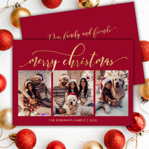 Cartão De Festividades Colagem de Fotos 3 Natal Vermelho Escrito a Ouro E