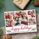 Cartão De Festividades Colagem de Fotos 5 da Família Moderna de Caligrafi<br><div class="desc">Placa de Feriados Felizes de Colagem de Fotos da Família de Script de Caligrafia Moderna 5 inclui Watercolor Christmas Holly Berries - Red Script</div>