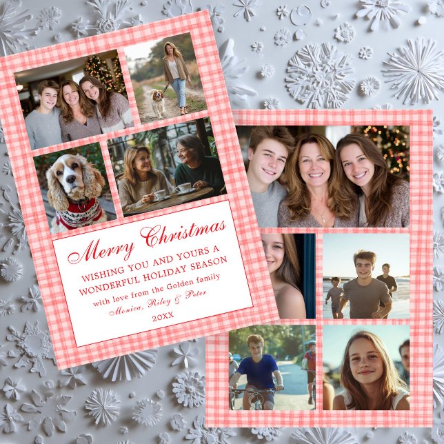 Cartão De Festividades Colagem de Fotos 9 Personalizada para Natal Chic G (Chic Gingham Christmas Custom 9 Photo Collage Pink Holiday Card
)