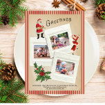 Cartão De Festividades Colagem de Fotos Antigas da Holly Feliz Natal<br><div class="desc">Capture a magia da época natalina com nosso cartão de Natal Vintage Holly Photo Collage Merry Christmas. Este cartão inspirado no estilo retrô apresenta molduras de slides encantadoras adornadas com os clássicos motivos de Papai Noel, Sra. Claus e folhagens florais de azevinho. Com espaço para adicionar três das suas fotos...</div>