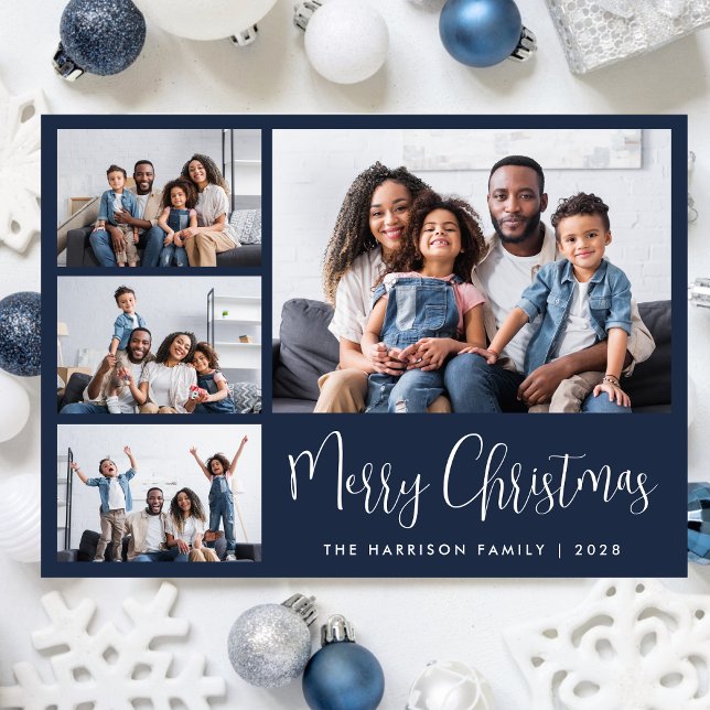 Cartão De Festividades Colagem de Fotos Azul 4 Feliz Natal (Share the love and warmth of the season with a personalized 4 photo Christmas card)