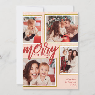 Cartão De Festividades Colagem de Fotos Blush Pink e Red Merry Christmas 