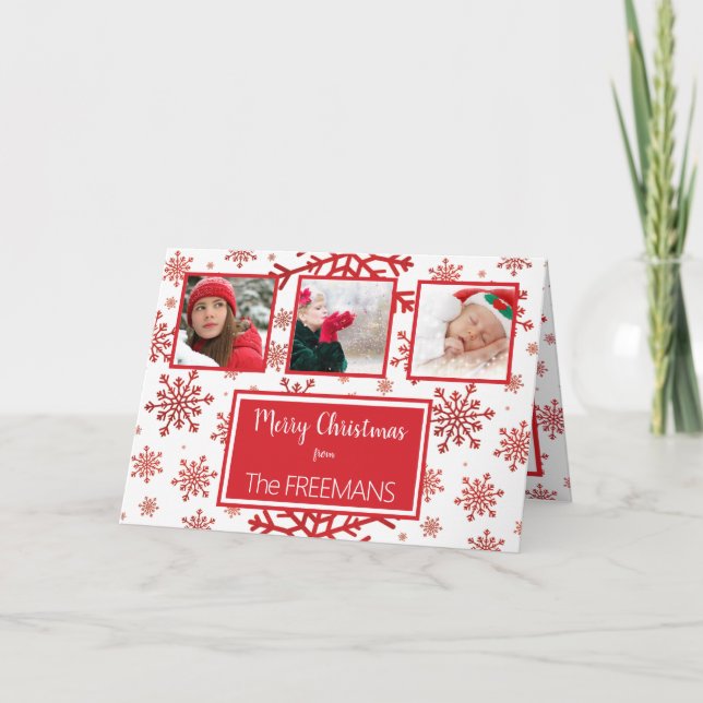 Cartão De Festividades Colagem de Fotos Bright Red Snowflake 3 Personaliz (Frente)