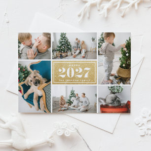 Cartão De Festividades Colagem de Fotos Brilhante a Ouro 2027 Feliz Ano N