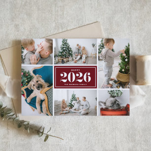 Cartão De Festividades Colagem de Fotos Burgundy 2026 Feliz Ano Novo