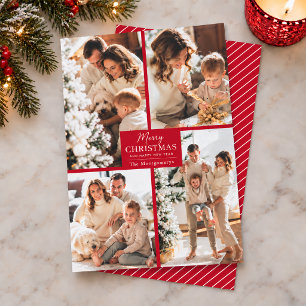 Cartão De Festividades Colagem de Fotos Chic 4 Vermelho Feliz Natal