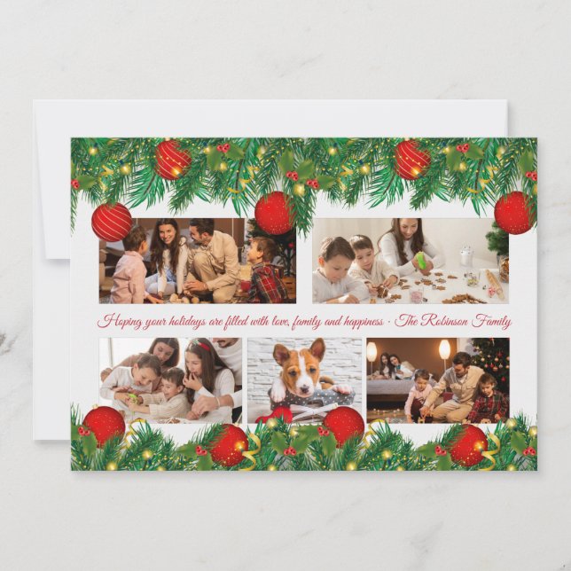 Cartão De Festividades Colagem de fotos com enfeites de natal e luzes (Frente)