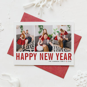 Cartão De Festividades Colagem de Fotos com Tipografia Vermelha Feliz Ano