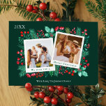 Cartão De Festividades Colagem de Fotos da Família 2 Aquarela de Natal<br><div class="desc">Este cartão de Natal de colagem de fotos da família apresenta duas modelos instantâneas para você inserir suas fotos, com um fundo de folhagem de cor d'água pintada manualmente, como holly, bagas, folhas verdes e florais vermelhos. No verso está um padrão com os mesmos elementos pintados em vermelho e verde....</div>