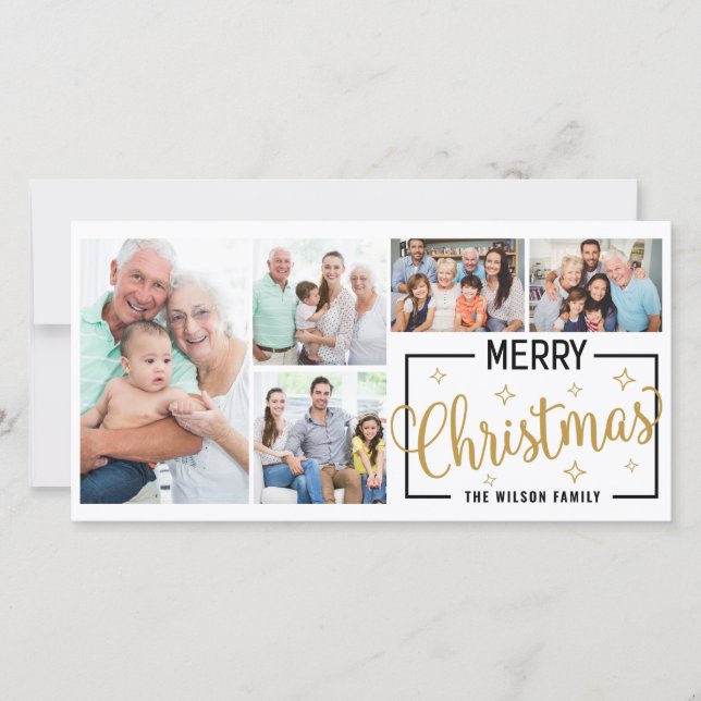 Cartão De Festividades Colagem de Fotos da Família 7 Dourado Feliz Natal (Frente)
