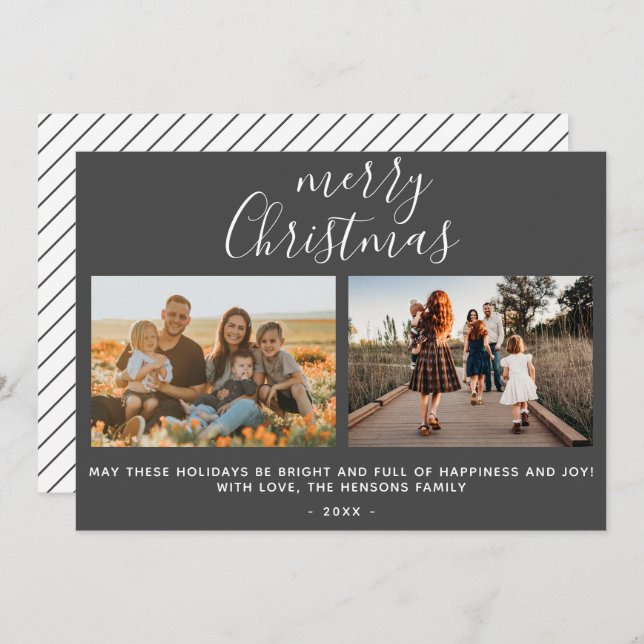 Cartão De Festividades Colagem de Fotos da Família com Letreiro Cinza Fel (Frente/Verso)