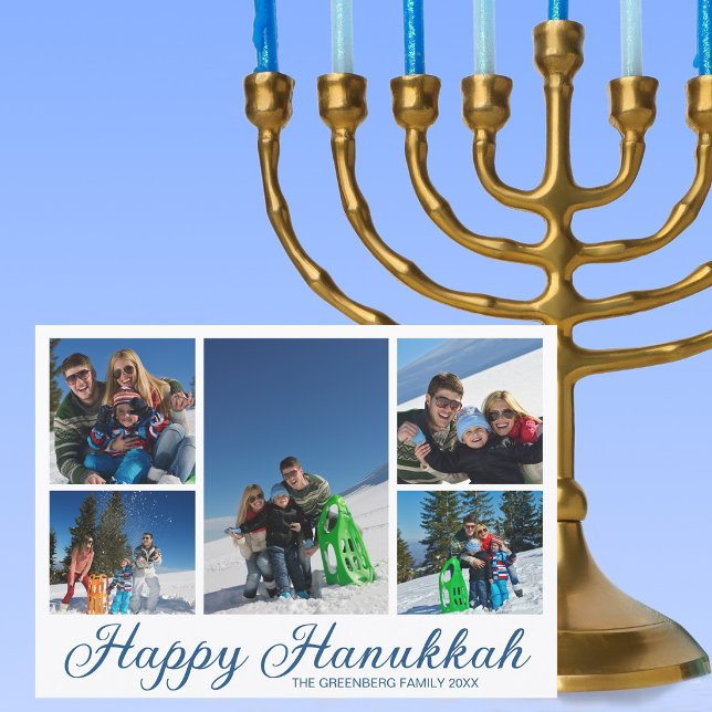 Cartão De Festividades Colagem de Fotos da Família Feliz Hanukkah Azul (Criador carregado)