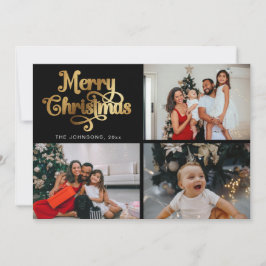 Cartão De Festividades Colagem de Fotos da Família Feliz Natal Dourado