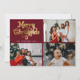 Cartão De Festividades Colagem de Fotos da Família Feliz Natal Dourado