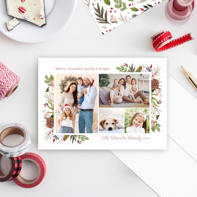 Cartão De Festividades Colagem de Fotos da Família Floral 4 de Inverno da (Criador carregado)