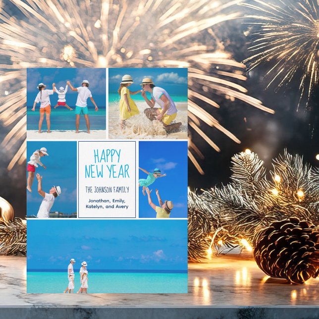 Cartão De Festividades Colagem de Fotos da Família Moderna 5 Feliz Ano No (Criador carregado)