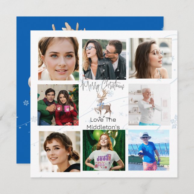 Cartão De Festividades Colagem de Fotos da Família Natal Blue Deer (Frente/Verso)
