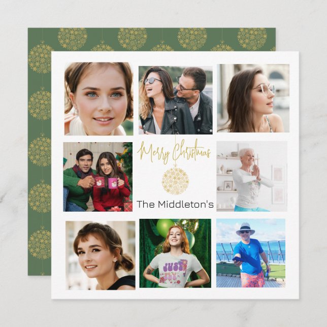 Cartão De Festividades Colagem de Fotos da Família Natal Verde Dourado (Frente/Verso)