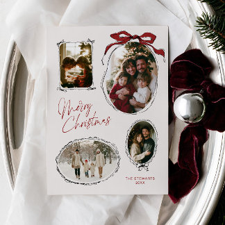 Cartão De Festividades Colagem de Fotos da Família no Natal com Laço Verm