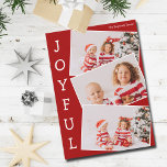 Cartão De Festividades Colagem de Fotos da Família Vermelha 3 Feliz Natal<br><div class="desc">Cartão de colagem de fotos vermelho moderno de Natal com 3 fotos de crianças em um padrão divertido de fotos sobrepostas com borda branca e a palavra Joyful escrita verticalmente ao lado. Encontre suas três fotos favoritas para este cartão de feriado da família.</div>