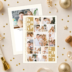 Cartão De Festividades Colagem de Fotos de Ano Novo 2027 Dourado Marfim