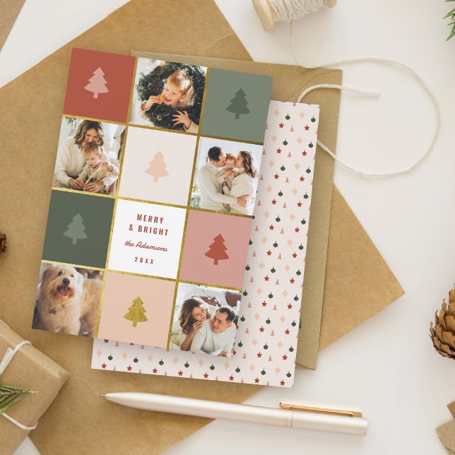 Cartão De Festividades Colagem de Fotos de Árvore de Natal Moderna e Dour (Criador carregado)