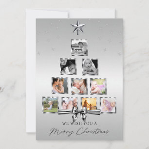 Cartão De Festividades Colagem de Fotos de Árvore de Natal Simples Prata