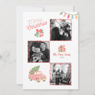 Cartão De Festividades Colagem de Fotos de Família de Natal Rosa Vermelho