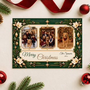 Cartão De Festividades Colagem de Fotos de Família do Natal com Magnólia