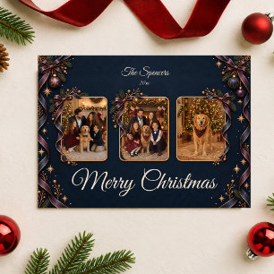 Cartão De Festividades Colagem de Fotos de Família do Natal em Azul Meia-