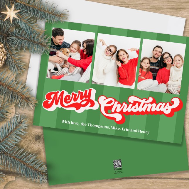 Cartão De Festividades Colagem de Fotos de Feliz Natal Verde (A retro vintage style holiday Christmas photo card template)