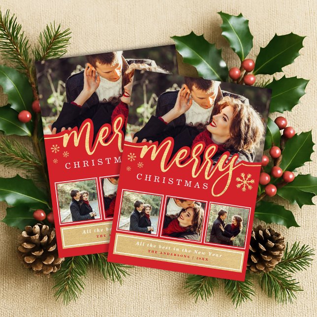Cartão De Festividades Colagem de Fotos de Floco de Neve Dourado Vermelho (Criador carregado)