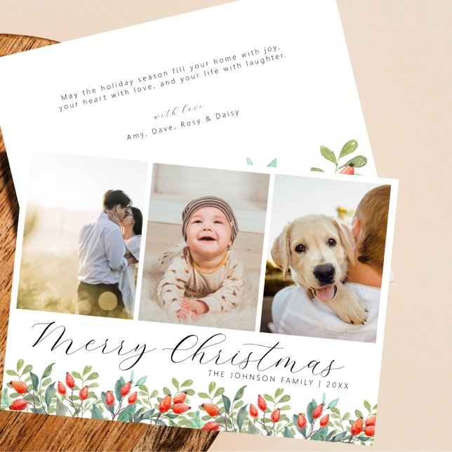 Cartão De Festividades Colagem de Fotos de Natal Botânica de Script Elega (elegant script botanical winter greenery red berries three photo collage custom greetings Christmas )