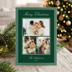 Cartão De Festividades Colagem de Fotos de Natal com Listras Verdes Elega