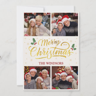 Cartão De Festividades Colagem de Fotos de Natal Dourada Elegante