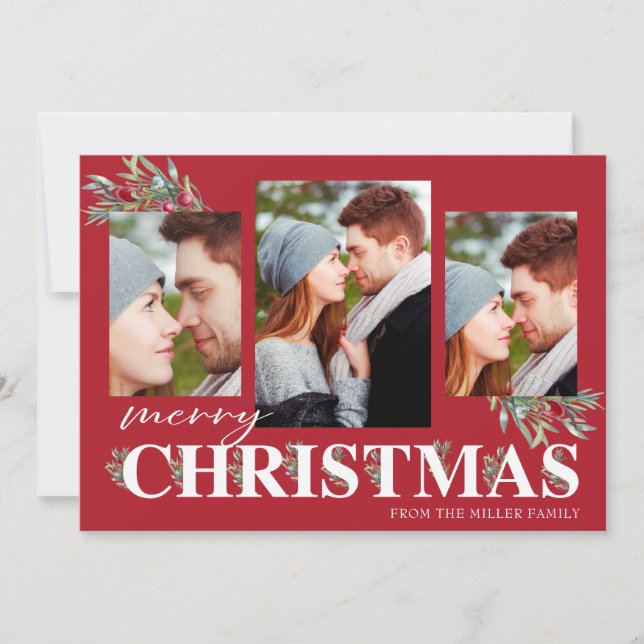 Cartão De Festividades Colagem de Fotos de Natal Holly Felry (Frente)